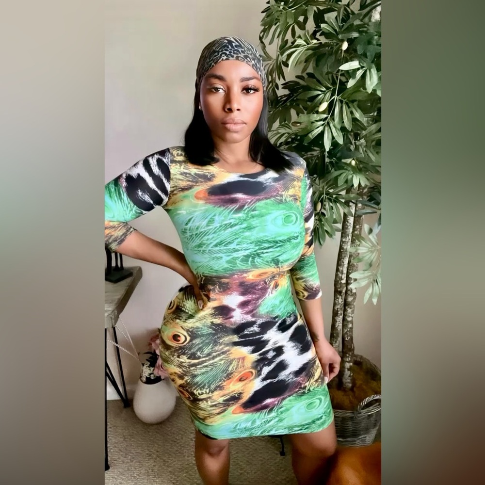 Peacock dress is thigh length it has lots of stretch. Wear for any occasion